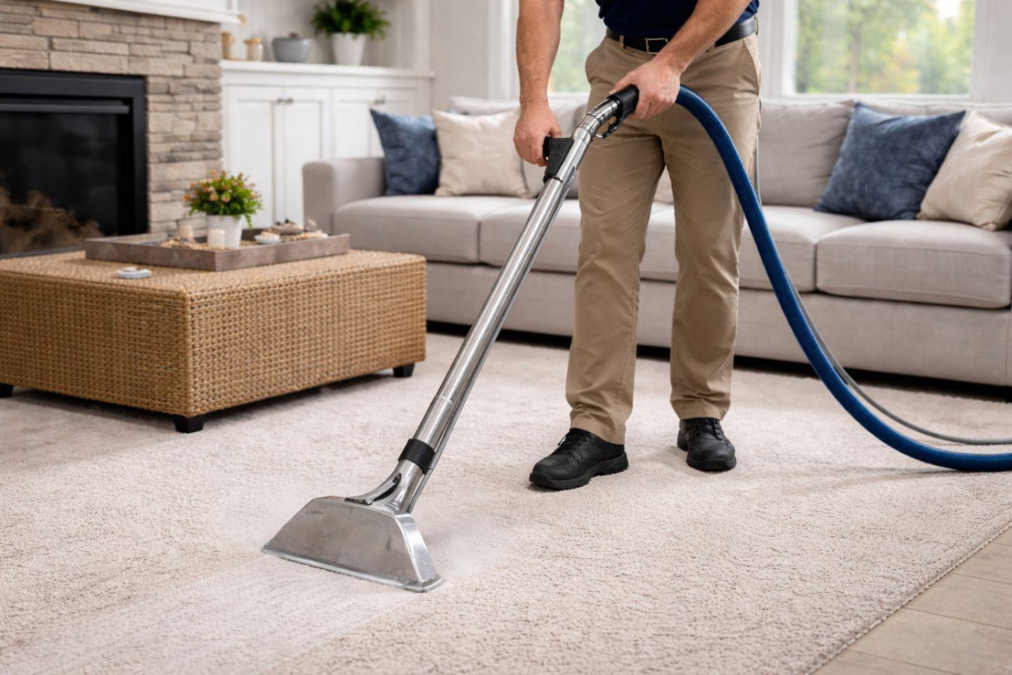 Technician deep cleaning a living room carpet with extraction equipment