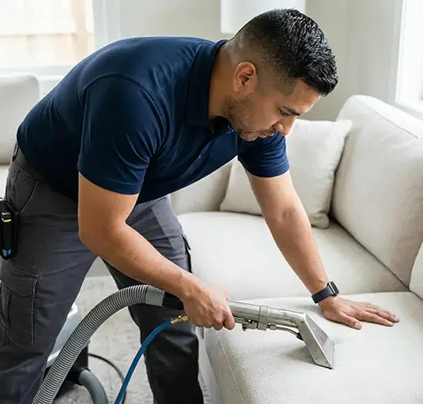Operative deep cleaning a light sofa in a bright Bristol living room