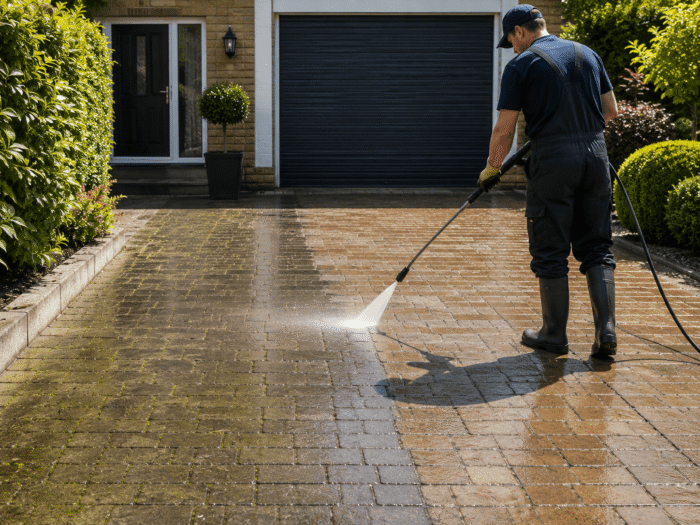 Pressure washing a block-paved driveway in front of a house