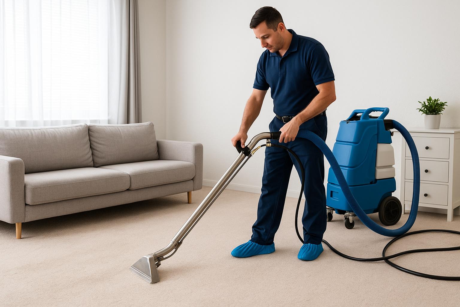 Professional carpet cleaner using extraction equipment beside a sofa