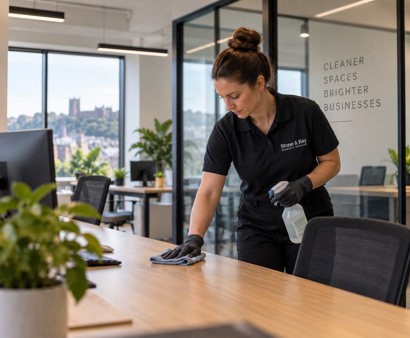 Stone & Key cleaner wiping a desk in a bright Bristol office with city views