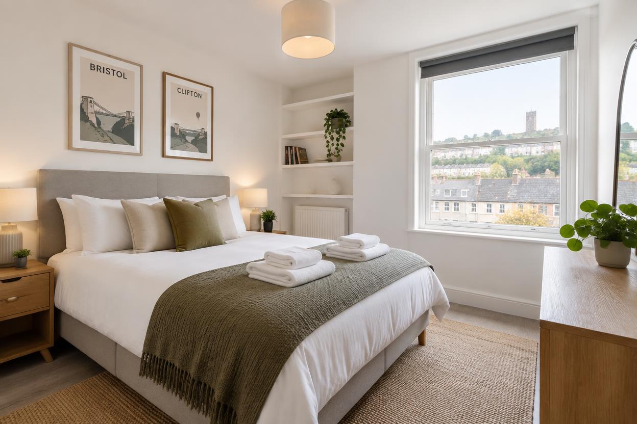Freshly prepared bedroom in a Bristol holiday let ready for arriving guests