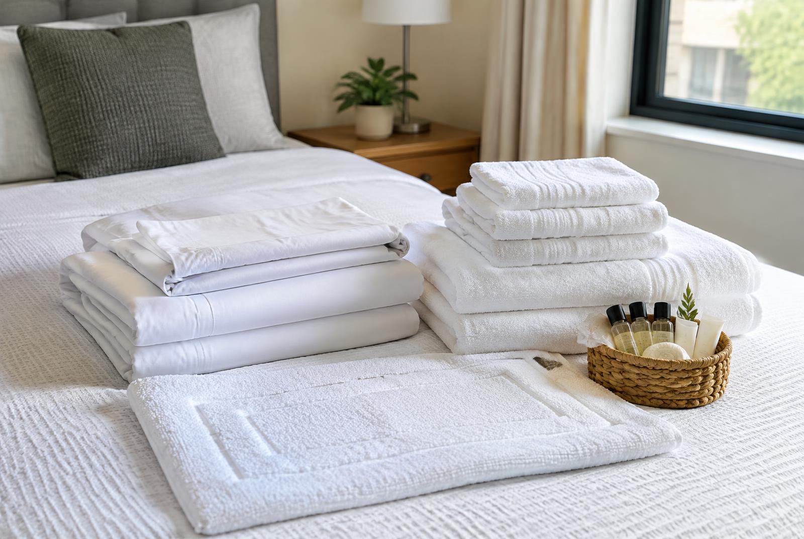 Fresh white bed linen and folded towels prepared for a guest changeover
