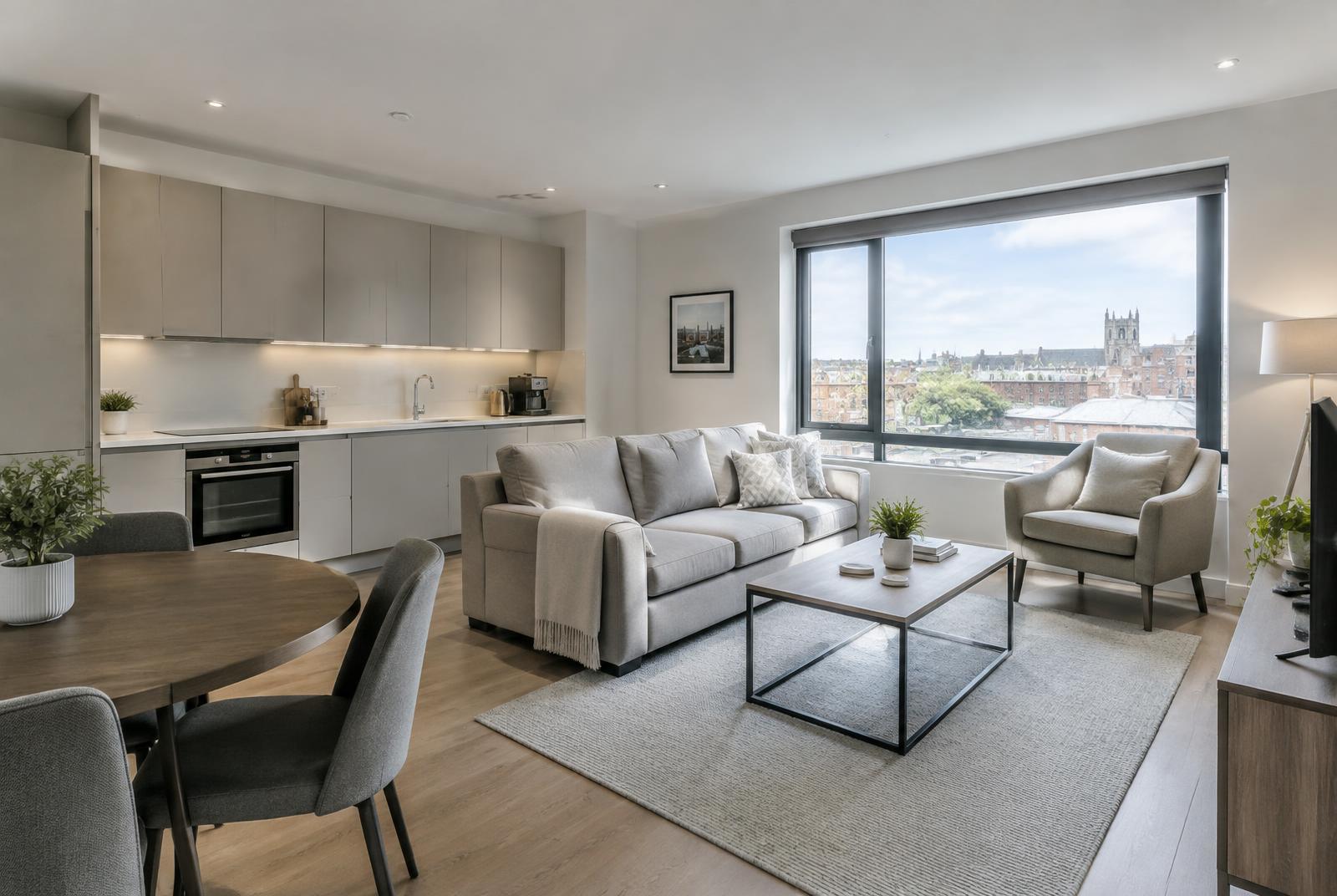 Clean, modern serviced apartment living space ready for the next guest